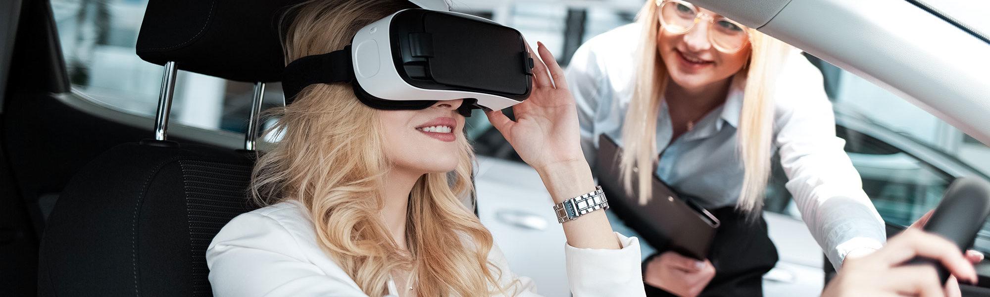 Virtual Reality set on a woman's head who is sitting in a car