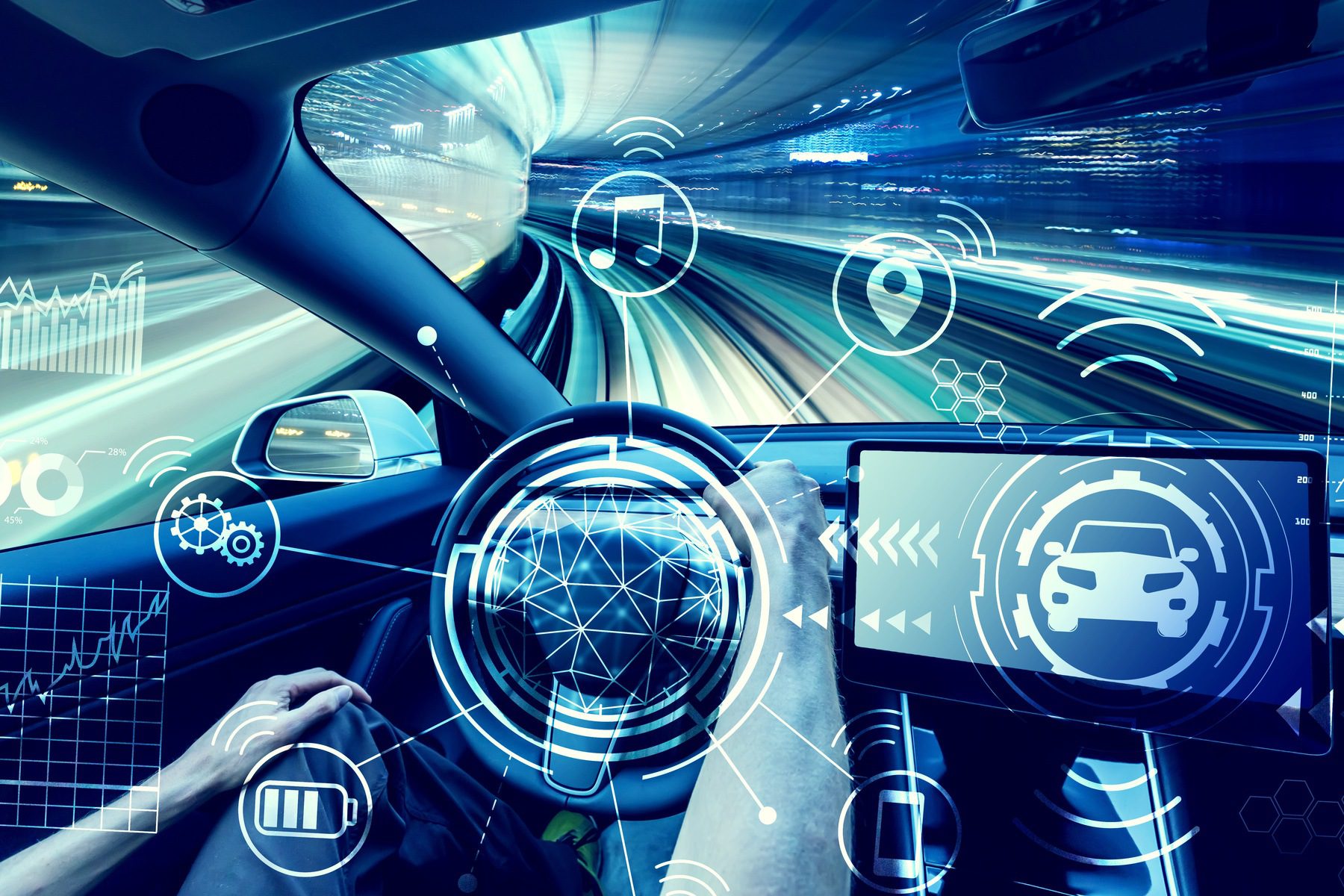 view of man driving electric vehicle from the inside and holographic icons