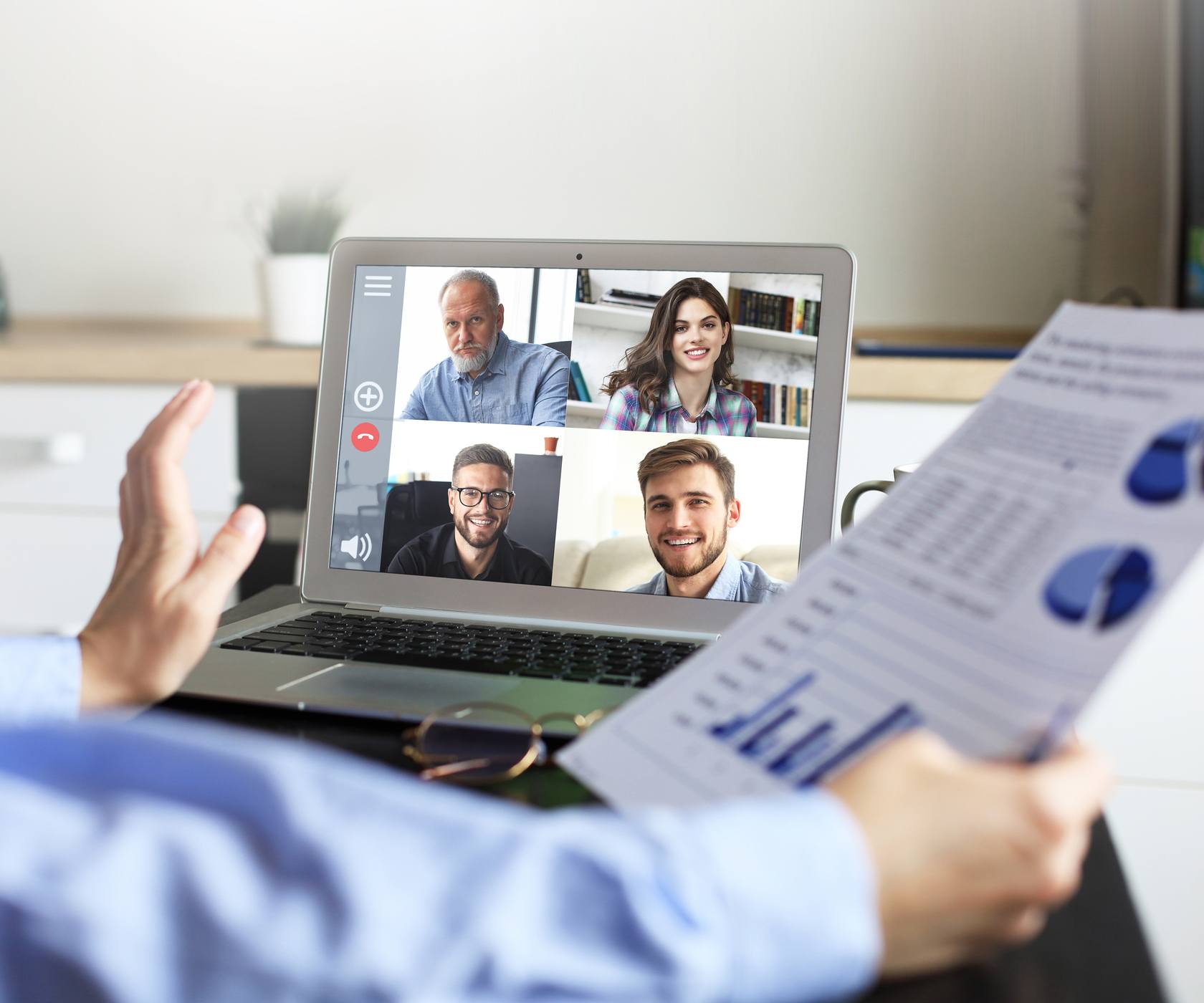 video conference call on laptop screen