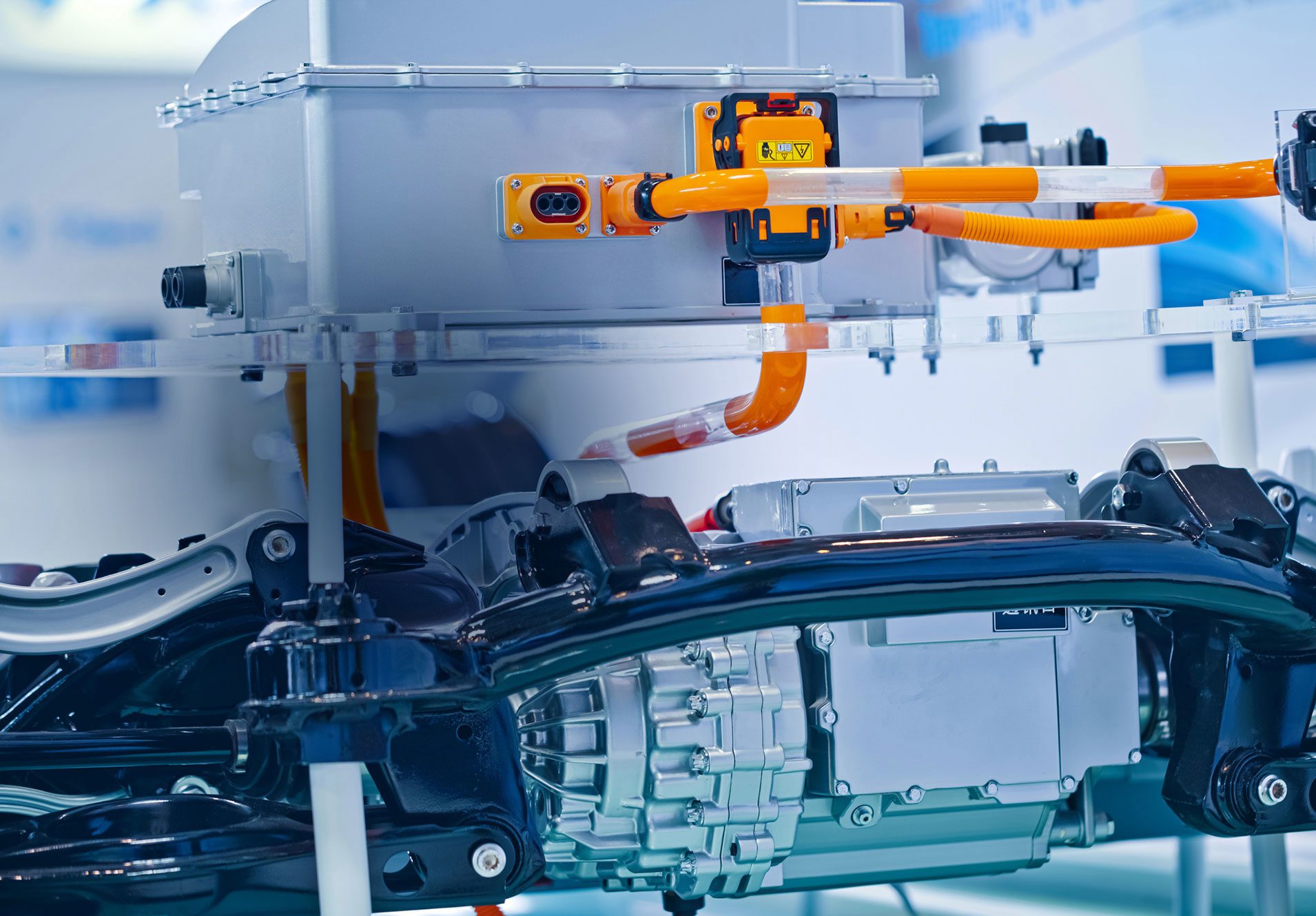 Close-up of battery packs and engine in the the electric car
