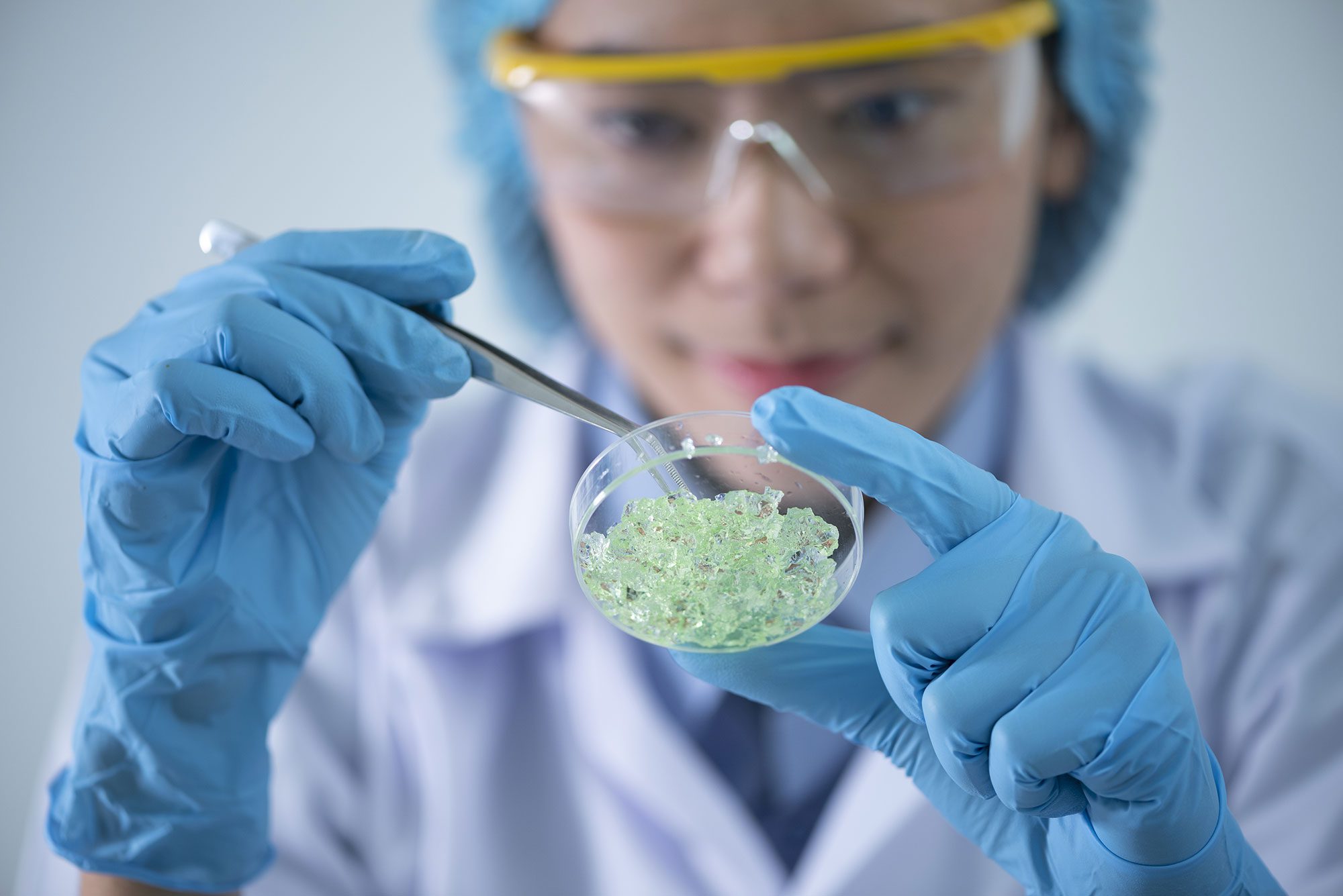 scientist pulling substance from petri dish