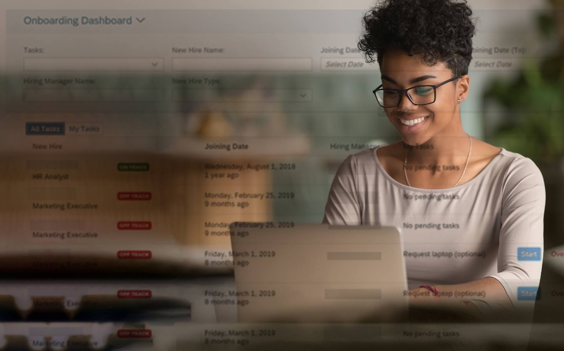 Woman looking at an onboarding dashboard