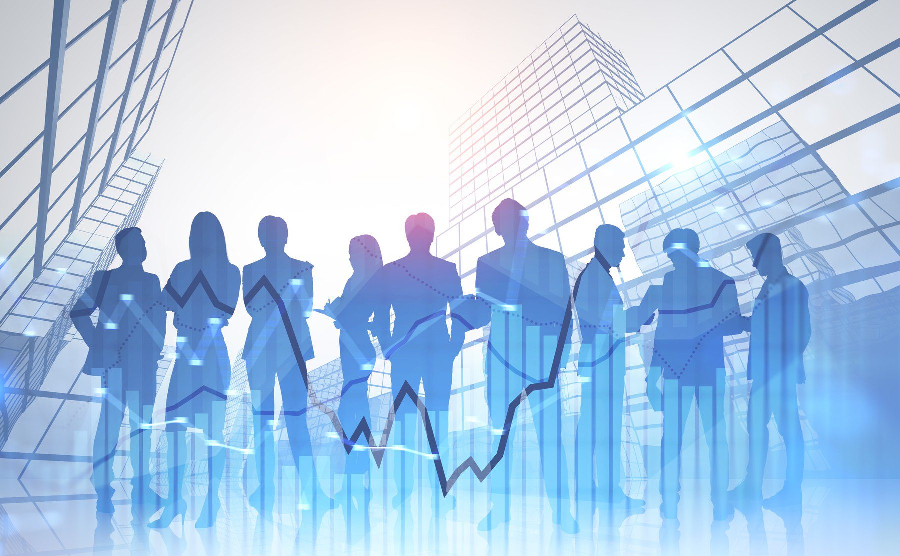 Business team near skyscrapers, graph