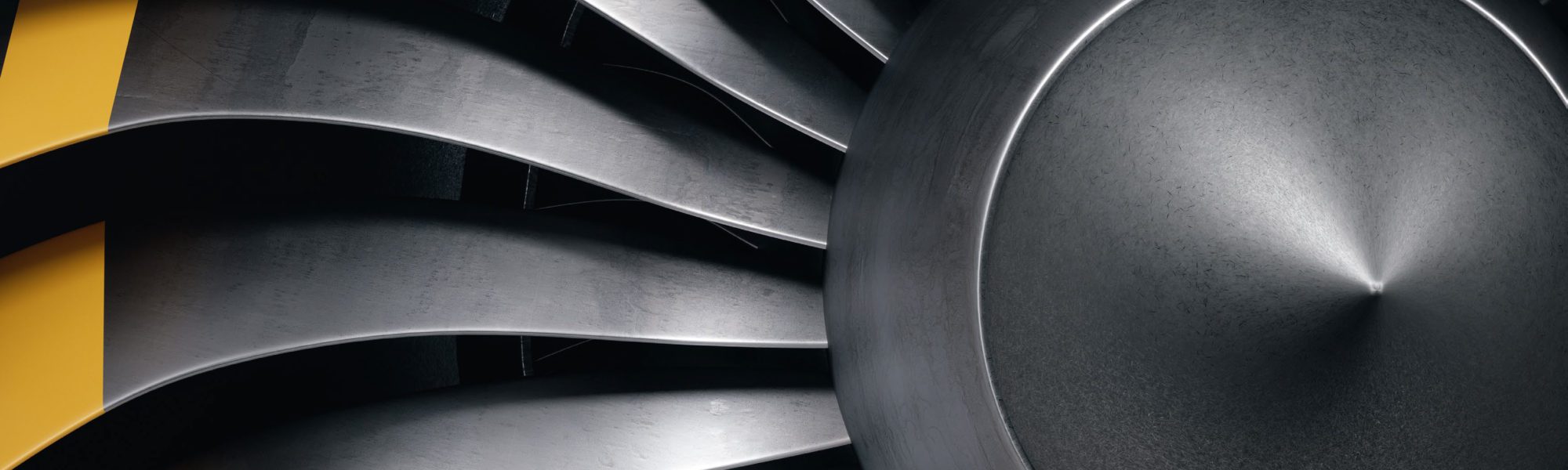 3D illustration jet engine, close-up view jet engine blades. Front view of a jet engine and blades. Rotating blades of the turbojet. Part of the airplane. Blades at the ends painted orange.
